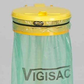 Support sac poubelle avec poteau sur platine, avec couvercle plastique