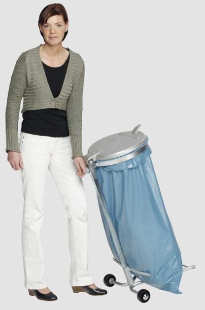 Support sac poubelle sur pieds avec 2 roulettes + couvercle plastique