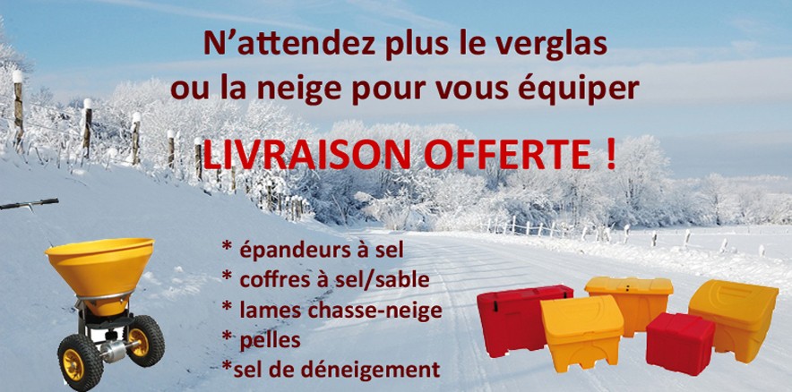 Coffres à sel, épandeurs, lame chasse-neige, équipements de déneigement